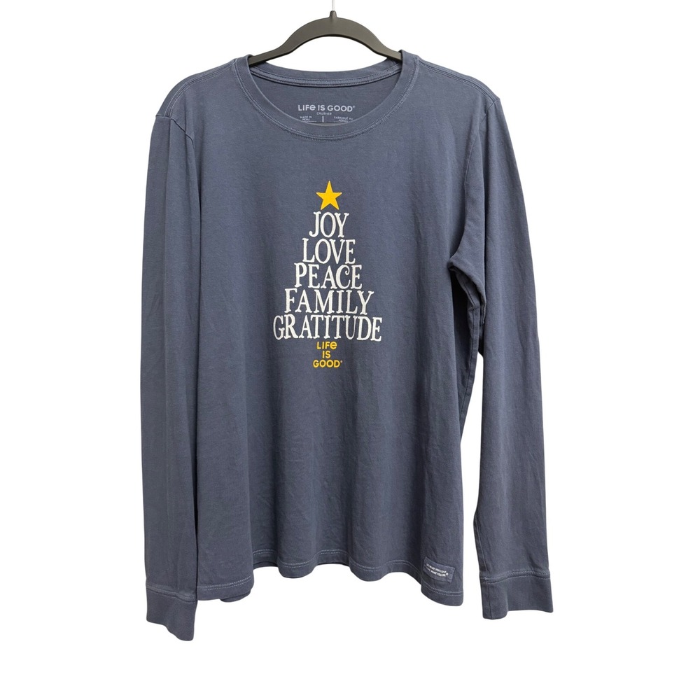 Life‎ is Good Womens Crusher Long Sleeve Christmas Tree Graphic Tee Blue Large